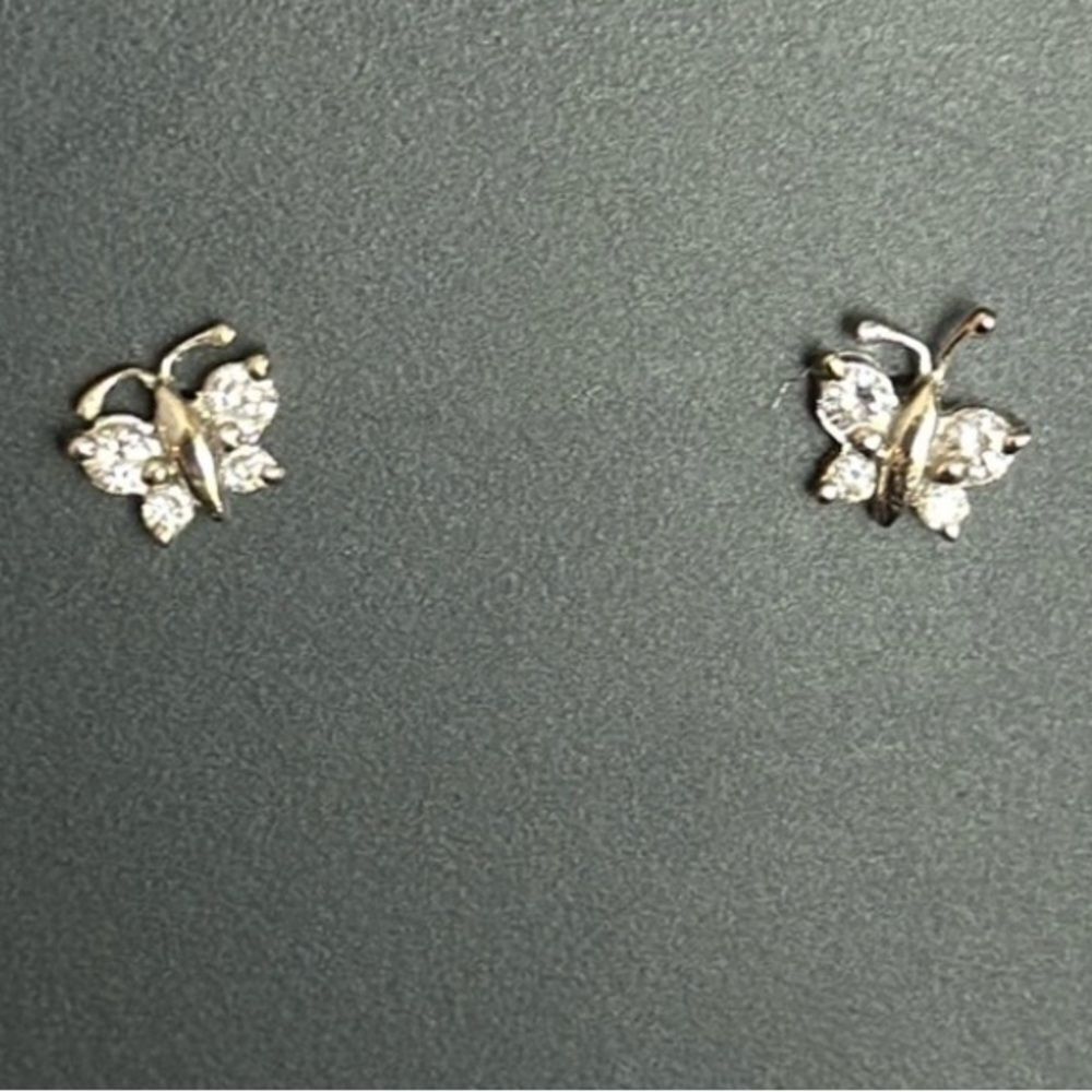 DIAMOND BUTTERFLY EARRINGS 14K WHITE GOLD STUD 8 STONES DAINTY DETAILED ANTENNAE - Picture 7 of 10